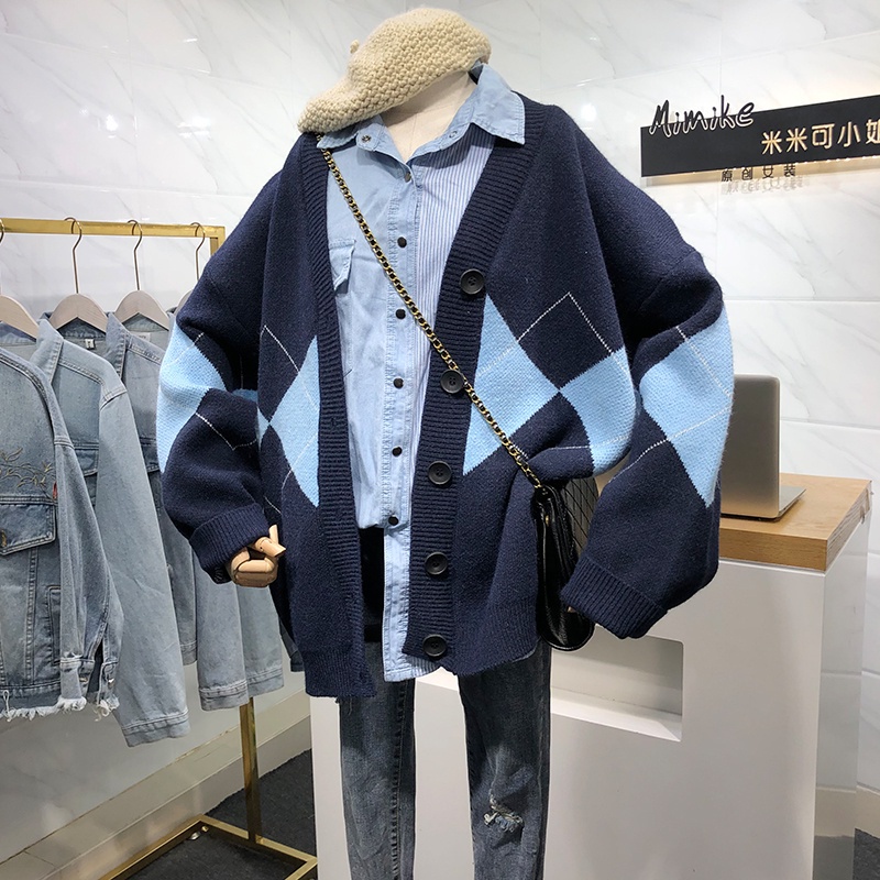 C&M Autumn College Style Loose Blue Plaid Sweater Long Sleeve V-neck Argyle Print Knit Cardigan