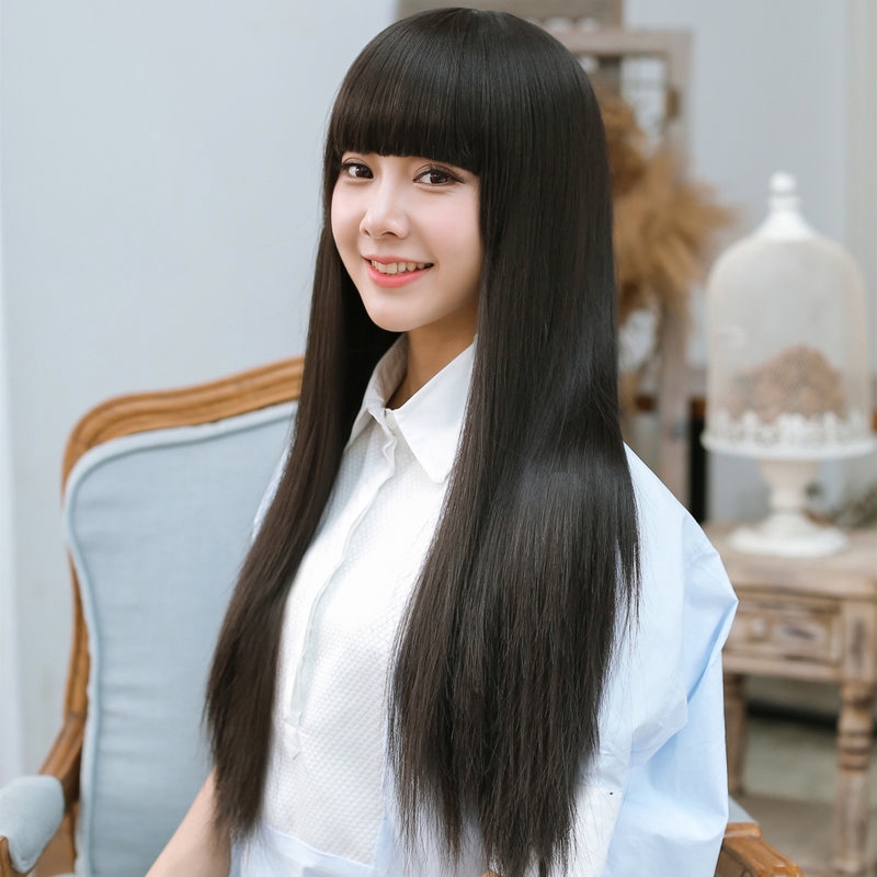 Yoyolala Wig Woman Long Straight Hair Together Fringe Black High