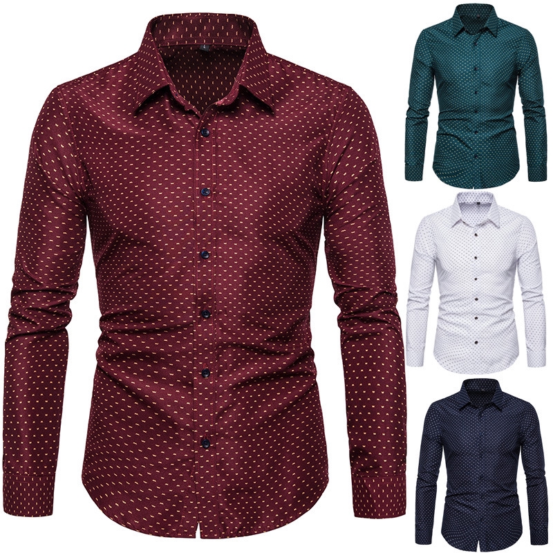 Men Kemeja Long Sleeve Slim Fit Print Baju Batik Blouse 