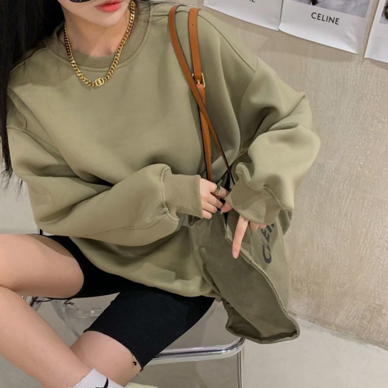 long sleeve tshirt women green fashion sweater perempuan lengan panjang tshirt loose Round neck 卫衣女宽松