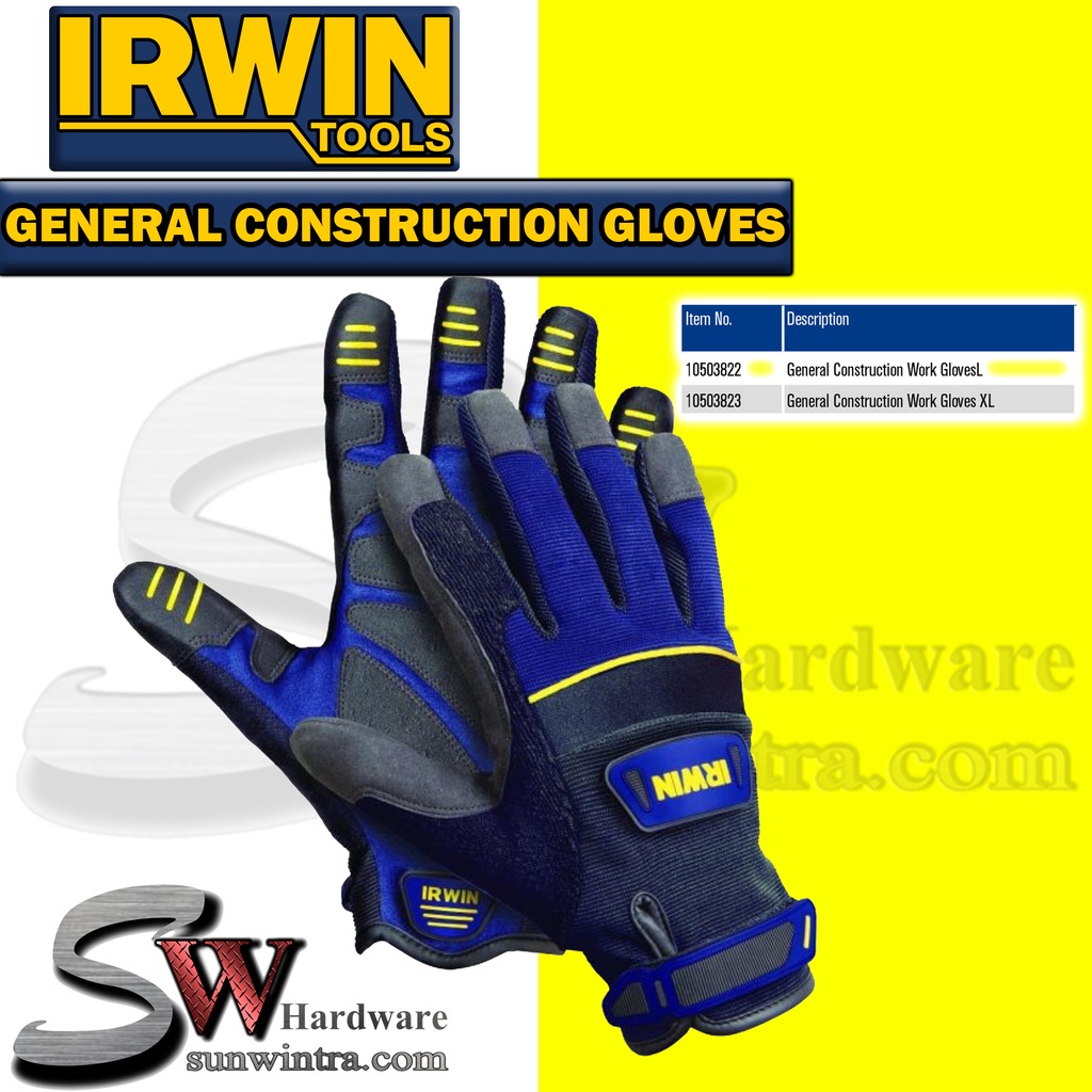 IRWIN GENERAL CONSTRUCTION WORK GLOVES L / XL Size #10503822/10503823