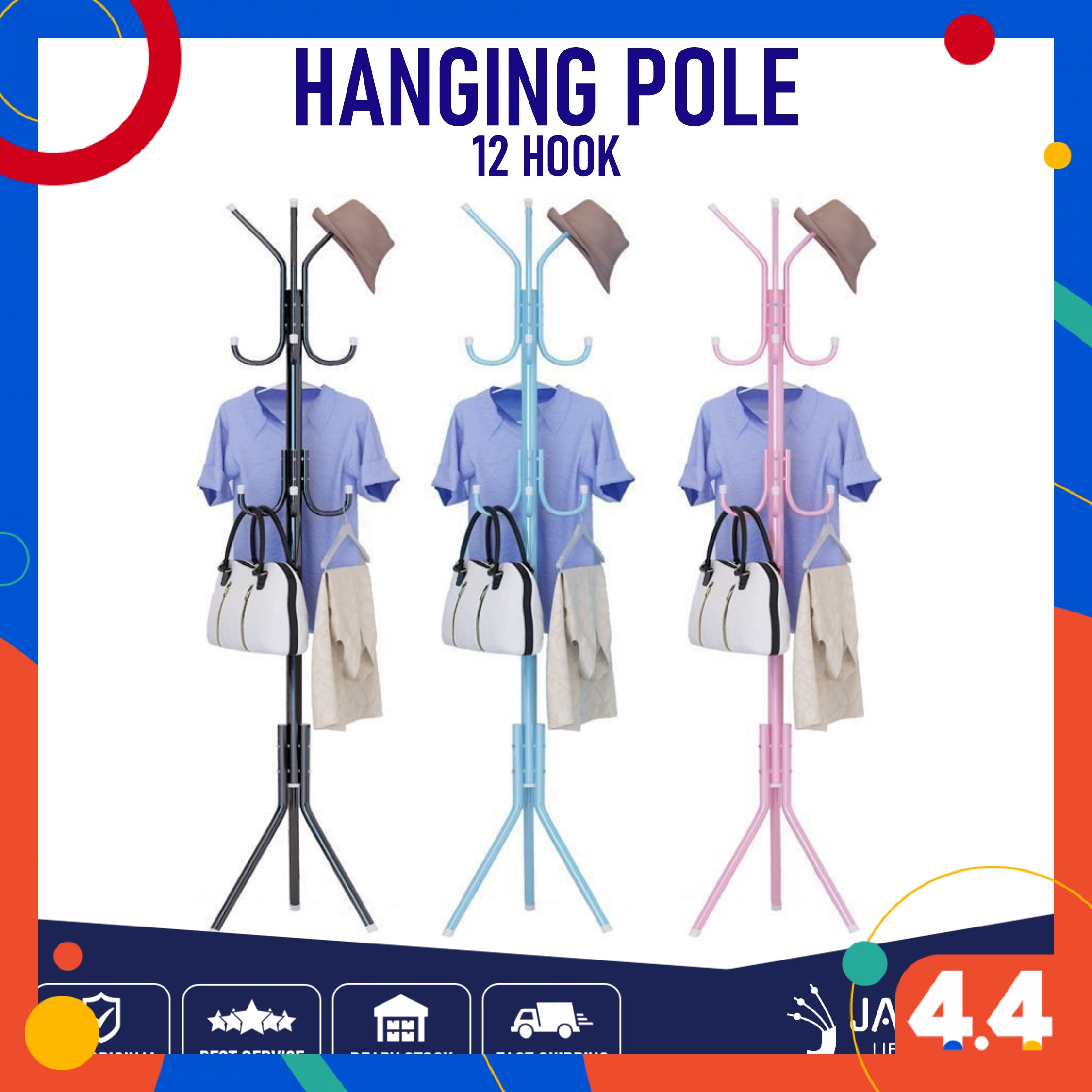 12 Hooks Hanging Pole Hanging Stand Rak Penyangkut Baju Rak Baju