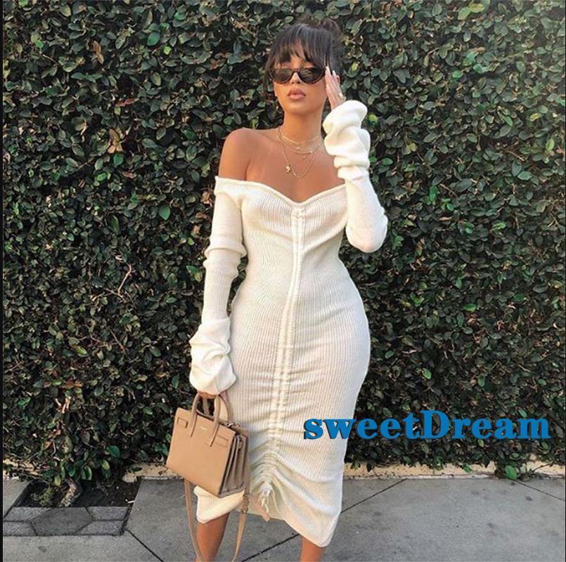 Sweetdream Women Solid Color Dress Autumn And Winter Long Sleeve Drawstring Off The Shoulder One Piece Clothes Shopee Malaysia