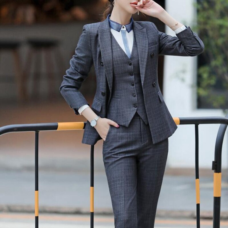 Suits Women Double Breasted Slim Plaid Blazer Vest Pants 3 Piece Set Business Formal Work Office Ladies Wear Plus Size Shopee Malaysia