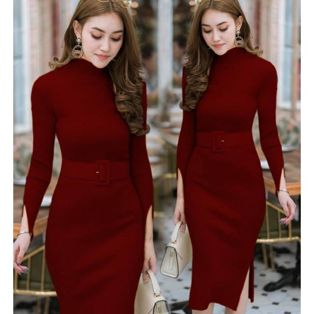 Women's Knitted dress LP free belt fbb/Women's Clothing bodycon Long ...