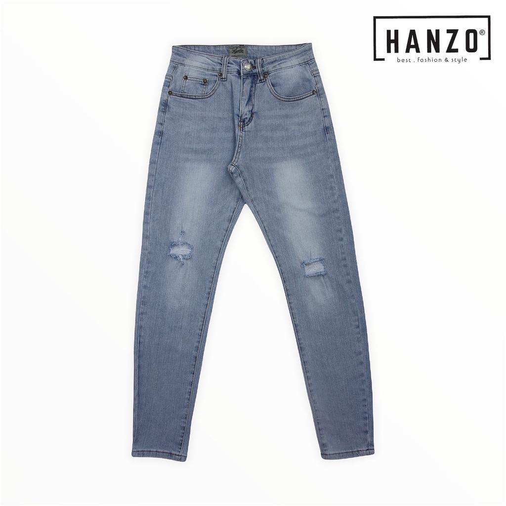 HANZO Men Ripped Skinny Fit Long Jeans - Light Blue