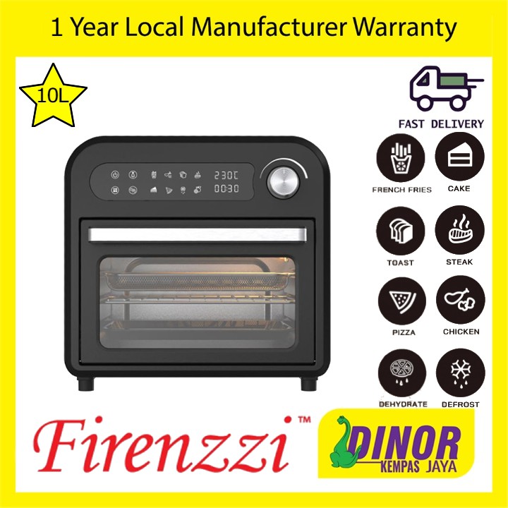 Firenzzi 10L MultiFunction Air Fryer Oven Stainless Steel With 8