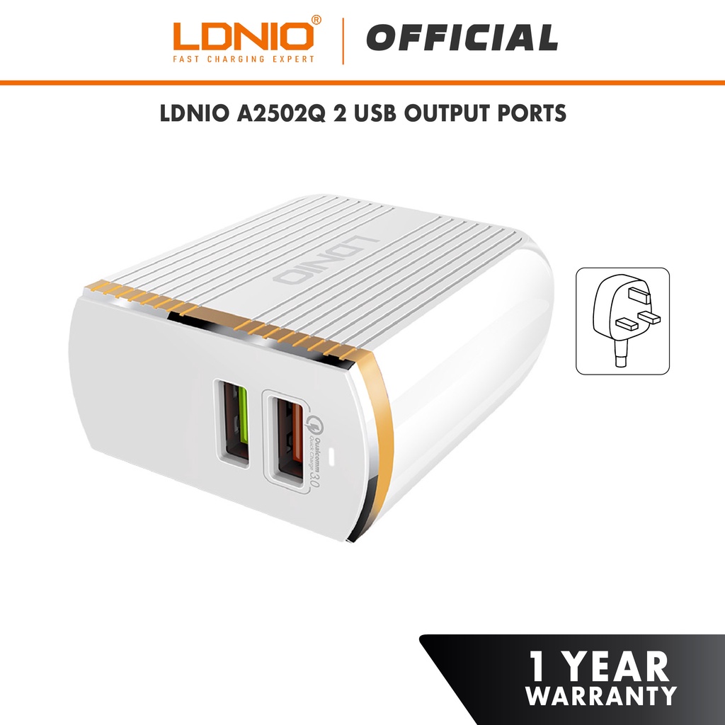 LDNIO A2502Q 2 USB Output Quick Charge 3.0 Auto ID Fast Charging USB Charger (3A)