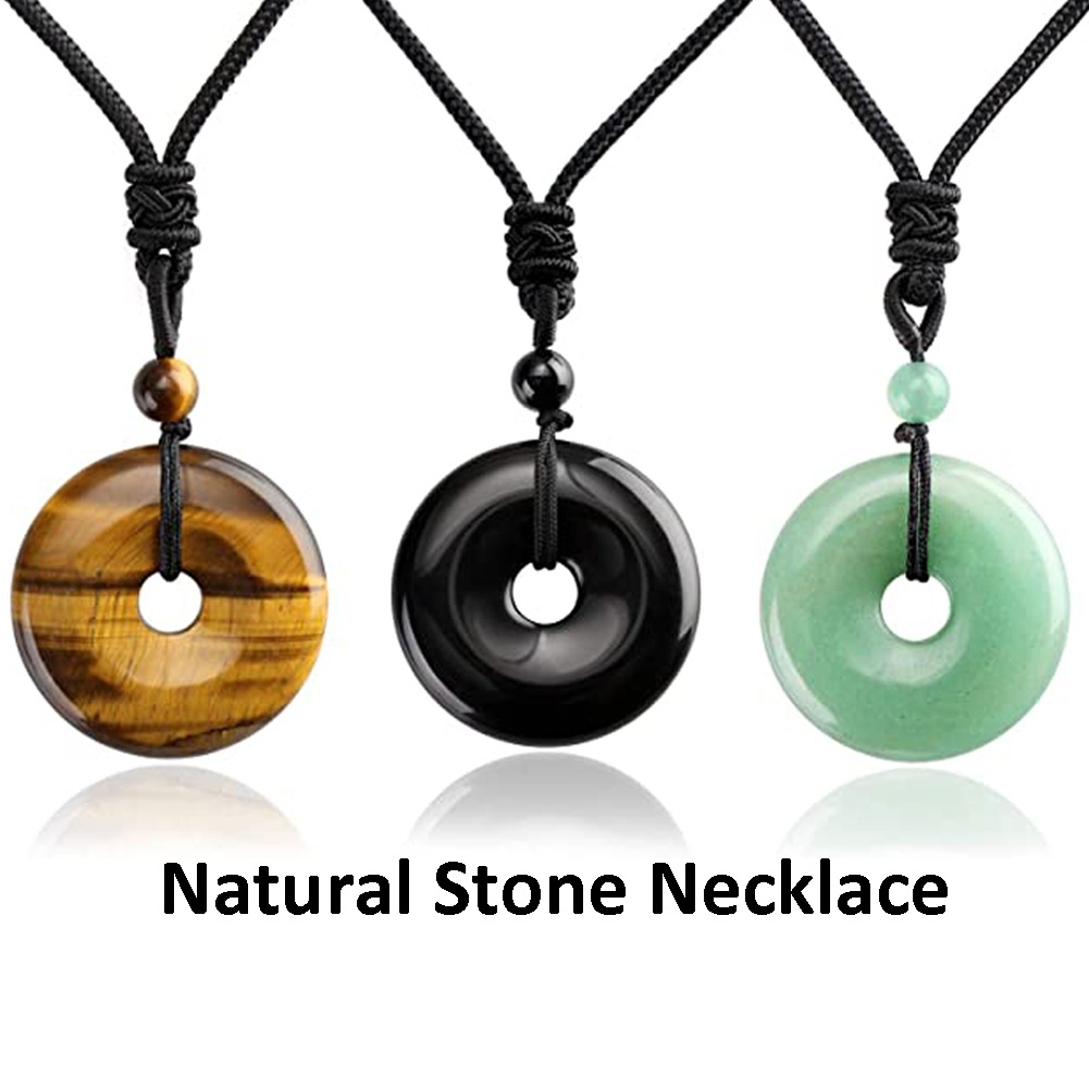 30mm Circle Donut Natural Obsidian Aventurine Tiger Eye and Crystal Necklace Natural Gemstone Stone Amulet Lucky Coin Pendant Necklace for Men Women Adjustable Rope