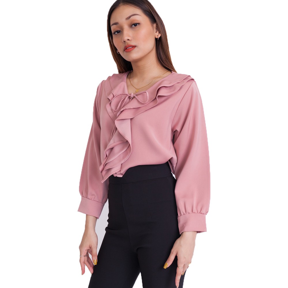 ruffle front blouse long sleeve