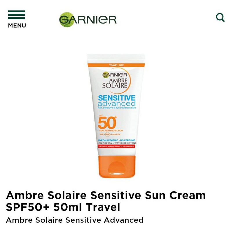 Garnier Ambre Solaire Sensitive Advanced Sun Cream Spf50+