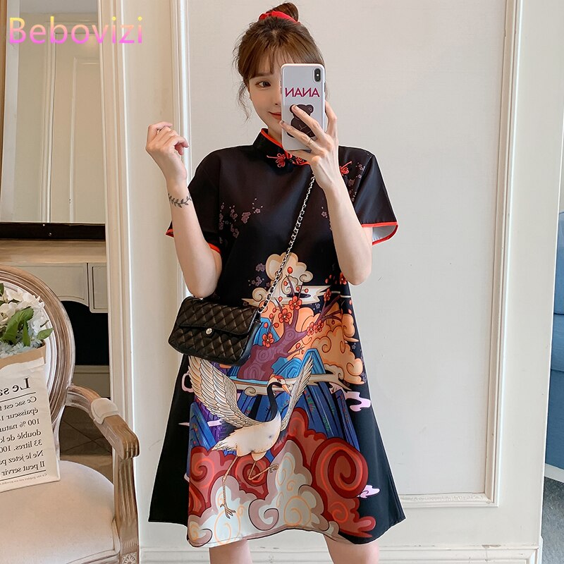 Plus Size M 4xl Fashion Modern Trend Cheongsam Dress For Women Summer Black Short Sleeve Qipao 