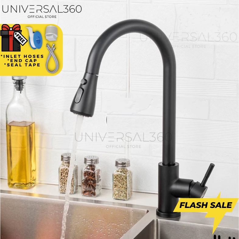 Upgraded SUS304 Kitchen Faucet Pull Out Mixer Tap Black Hot Cold ...