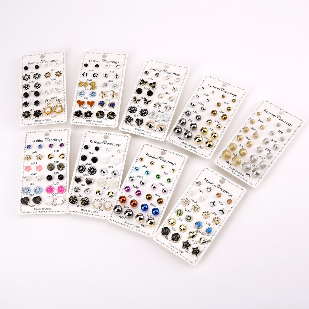 12 Pairs of Card ear stud Earrings Accessories Jewellery Women Fashion in December Round Rhinestones Shiny Jewelry Color Mixing Cost-effective Affordable Exquisite Compact