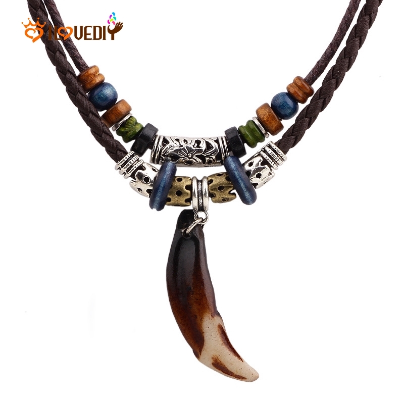 Men Vintage Tribal Wolf Tooth Pendant Necklaces / Personality Bohemia Leather Beaded Weave Rope Ethnic Necklace / Gifts Jewelry Accessories