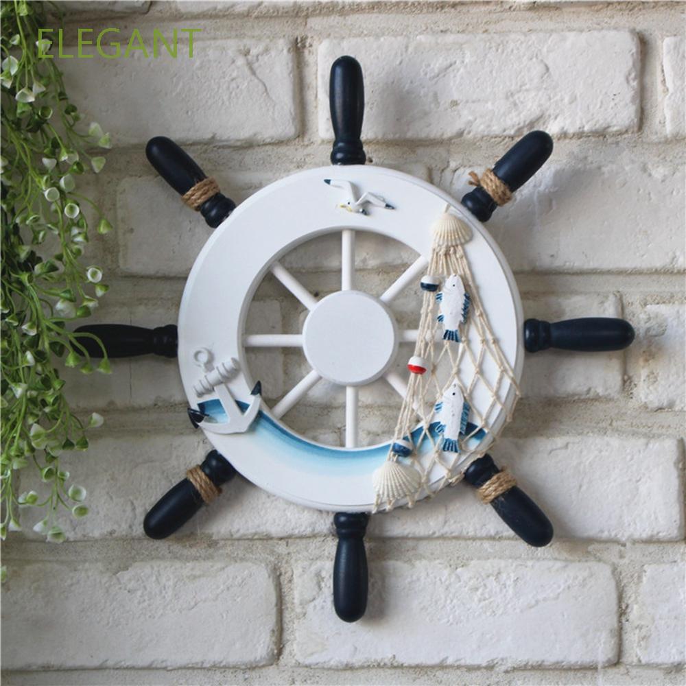 ELEGANT Vintage Wall Decor Mediterranean Style Wooden Boat Hanging Decoration Art Beach Nautical Decoration Crafts Fishing Net 9 Inch Ship Steering Wheel