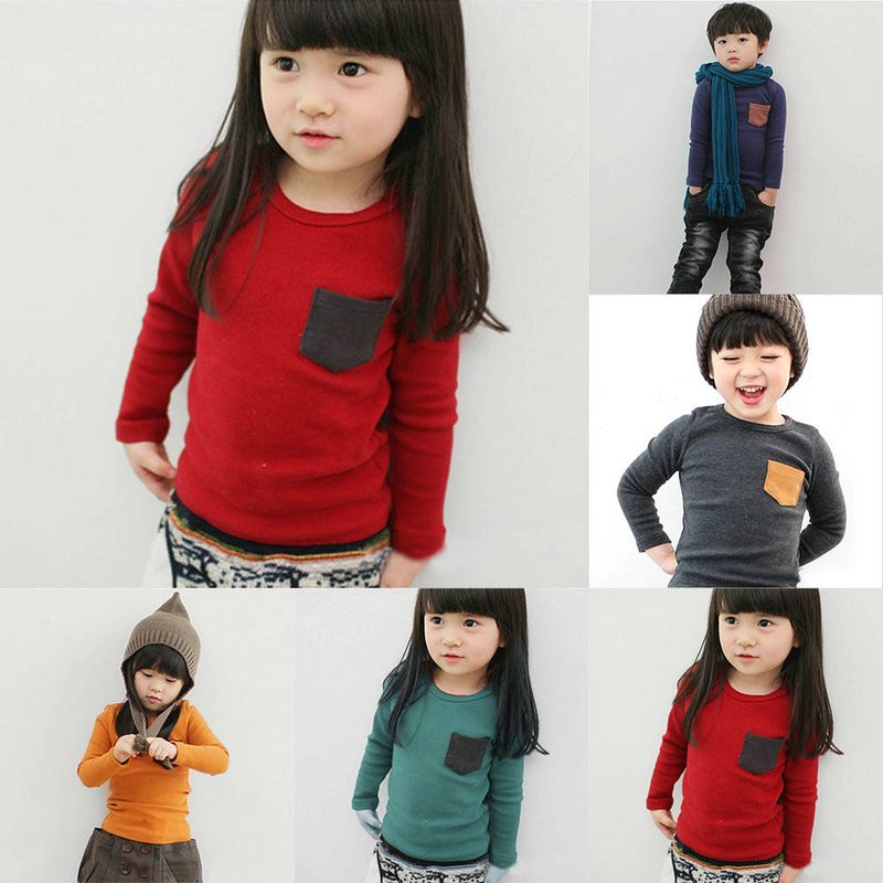 Discount Kids Clothing Long Sleeve Crewneck Tshirt Pocket Boy Girl TOP