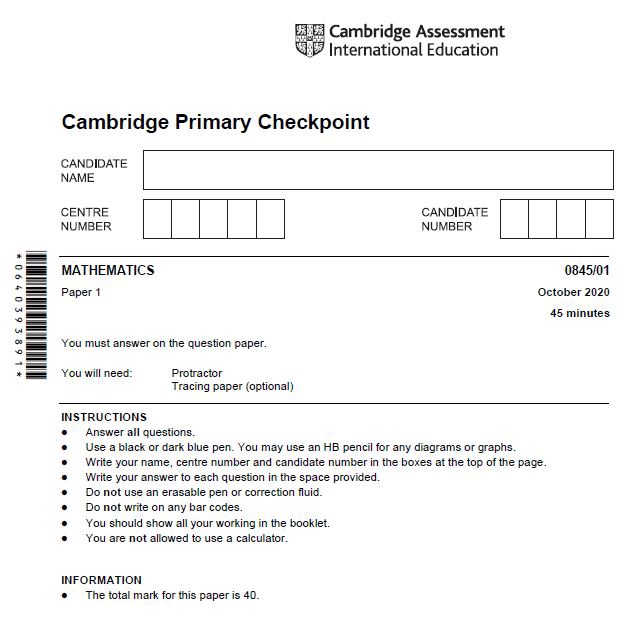 0845 Cambridge Primary Checkpoint (IP6) Mathematics Oct 2020 past paper