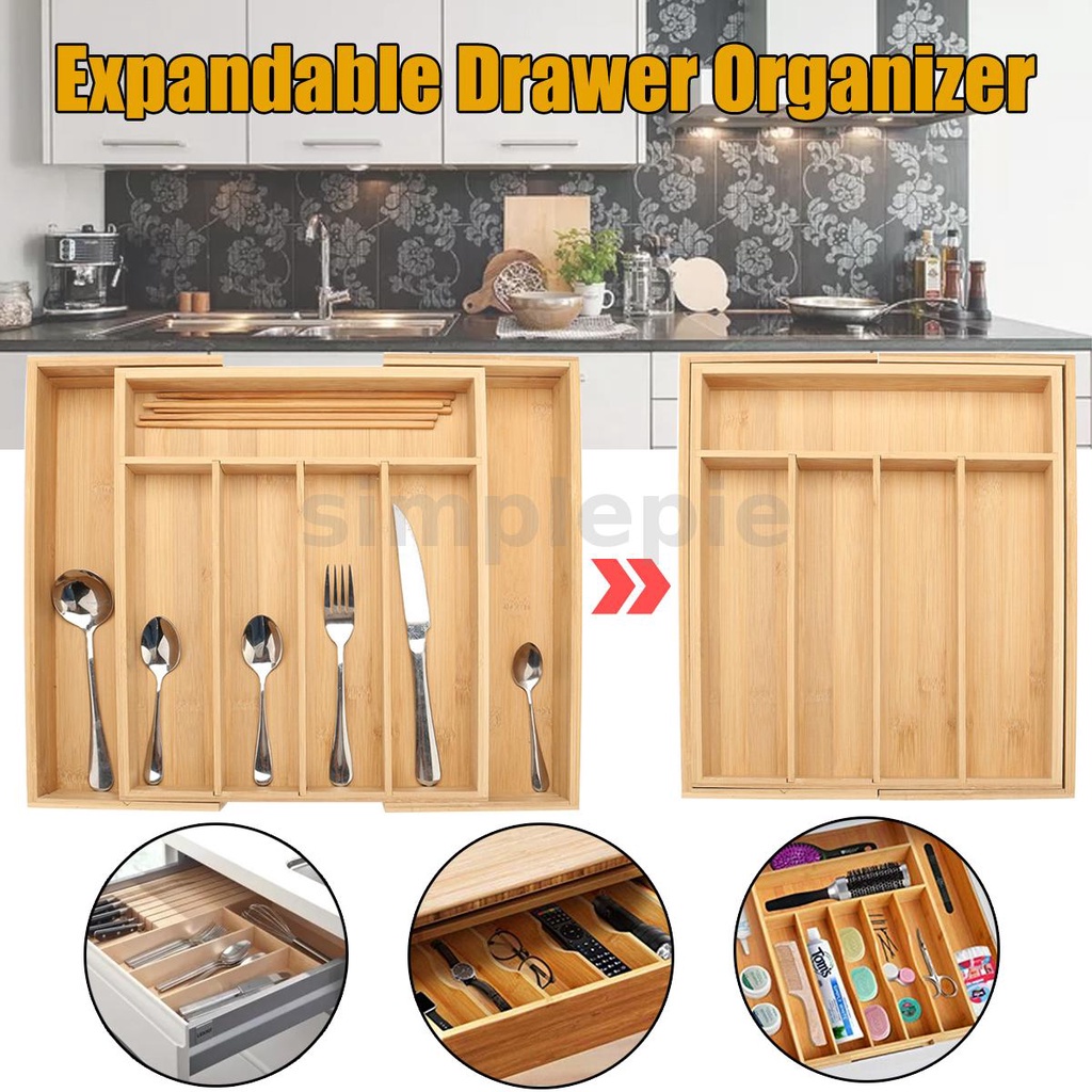 Wooden Bamboo Retractable Tableware Storage Box Expandable Extending