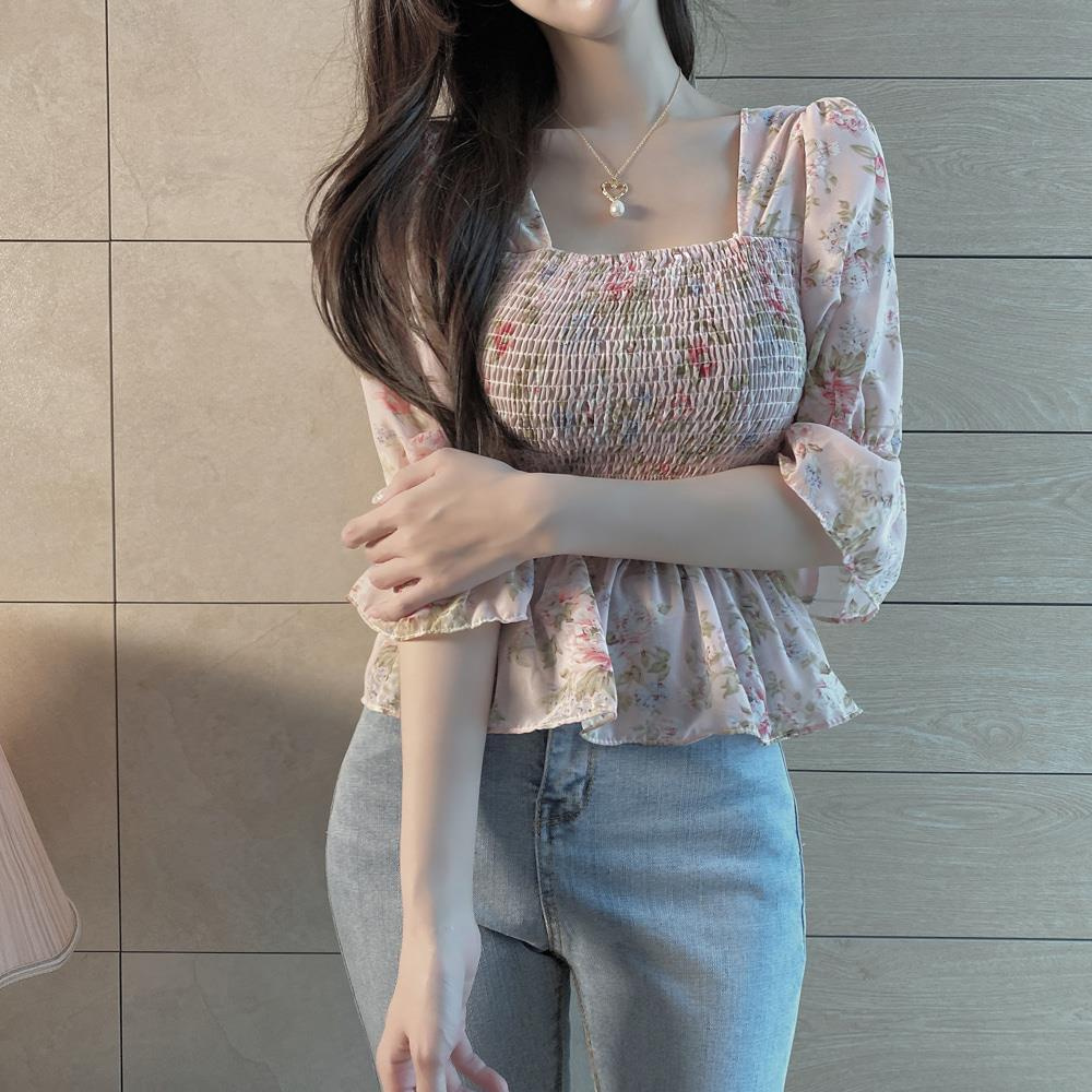 Summer floral chiffon blouse with flounces at waist to slim short sleeves