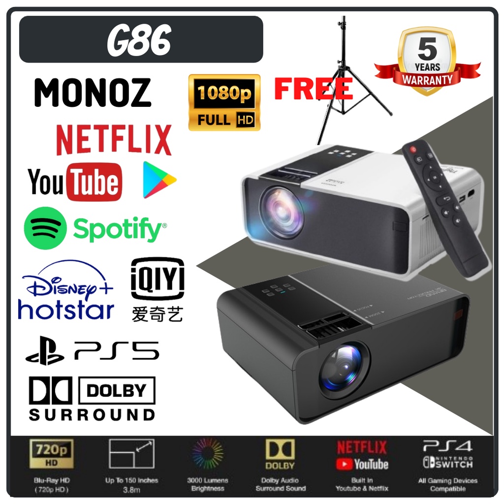MONOZ 10 Years Warranty 6000 G86 Projector FULL HD 1080P Android Mini