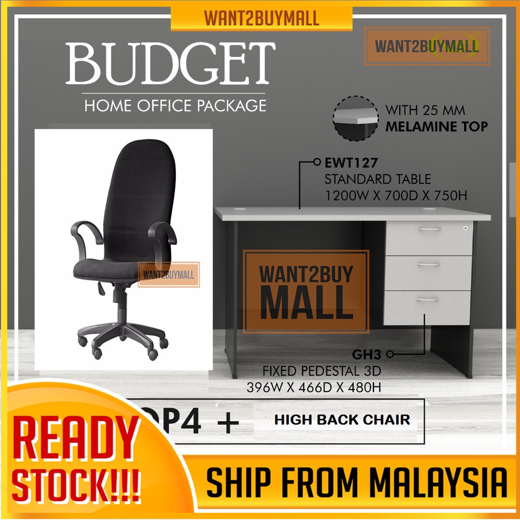 Budget Home Office Table Full Set 25mm Melamine Top Standard Office Table + Drawer + High Back Chair