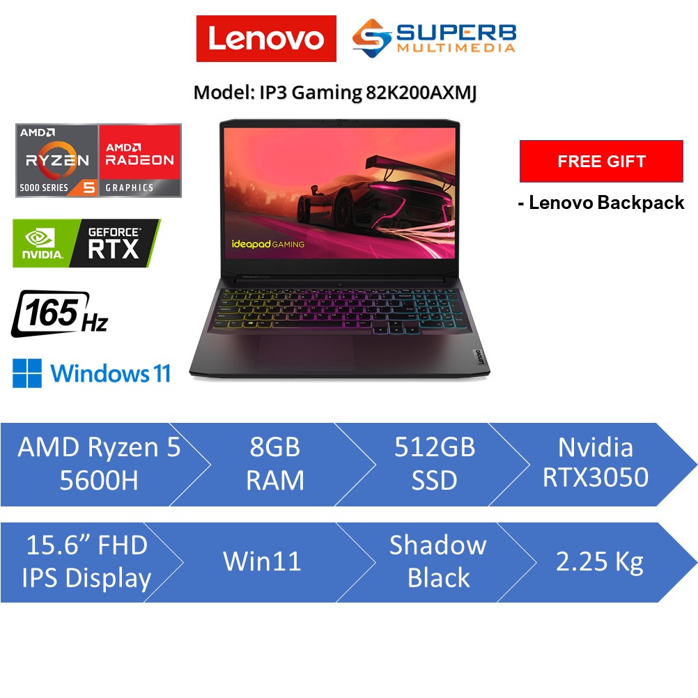 Lenovo IP3 Gaming 82K200AXMJ Laptop (AMD Ryzen 5 5600H, 8gb ram, 512gb ...