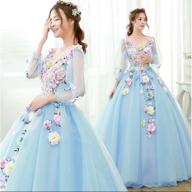 Women Floral Blue Wedding Dress Long Sleeve Dress Large Dress