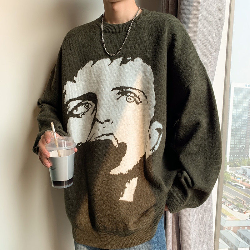 Round Neck Men  Sweater & Cardigan Knitted Lelaki Korean Knitwear Loose Clothes Lazy Style Autumn Winter Trendy Personality ins Street Wear Hong Kong
