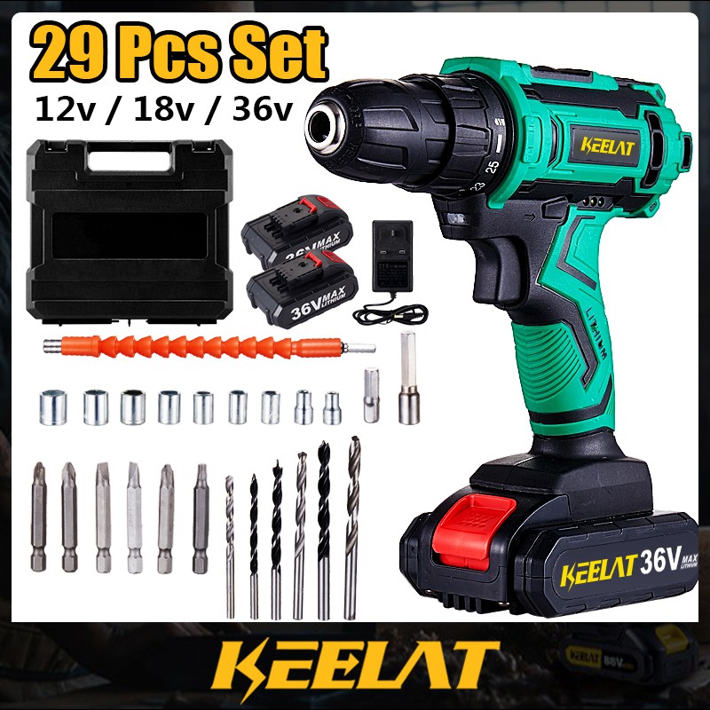 KEELAT 29/31 PCS Set Cordless Impact Drill Battery Drill Screw Driver ...