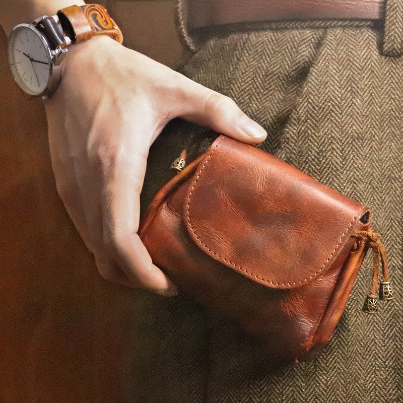 Hand-Polished Vegetable Tanned Leather Coin Purse Ladies Retro Chinese Style First Layer Cowhide Genuine Key Case Earphone Storage Bag