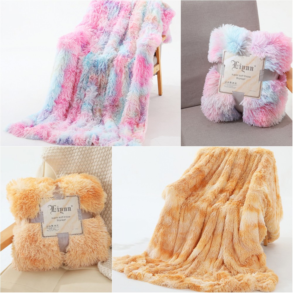 Reversible Shaggy Blanket Double Layer Soft Fluffy Long Plush Fuzzy Fur Rainbow Tie-Dye Printed Blanket Bed Sofa Throw Blanket