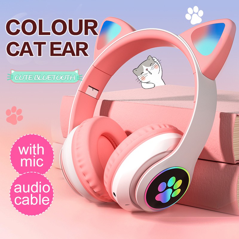 【Ready Stock】Cute Cat ear Bluetooth headphone Pink Headphones with mic