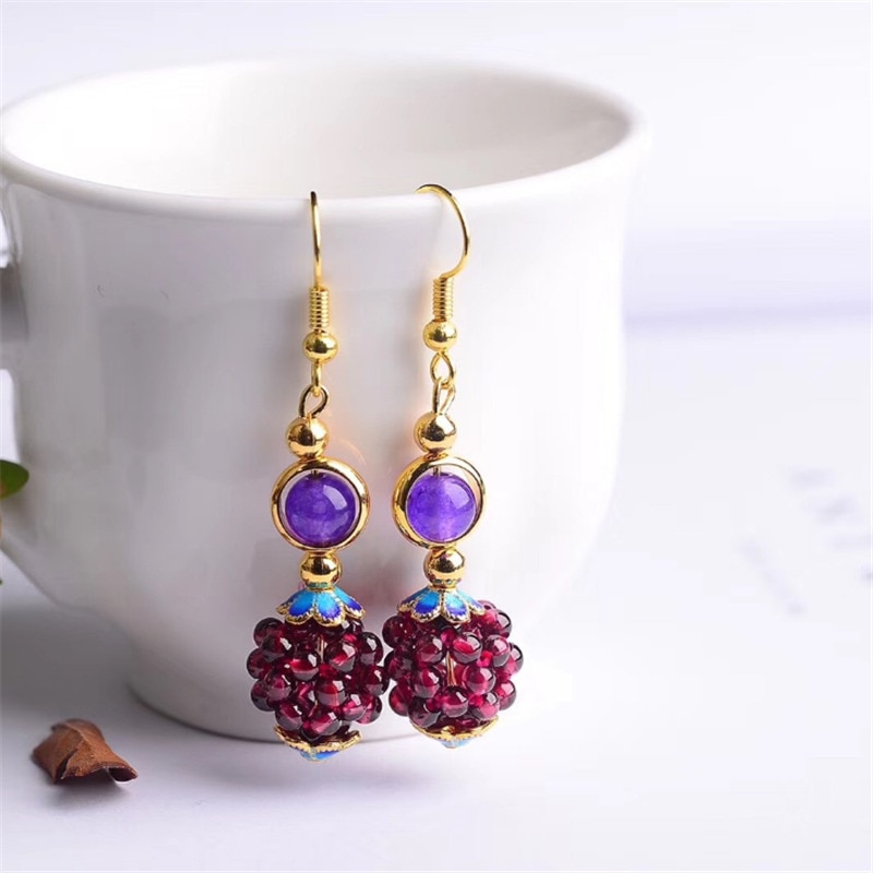 Natural Garnet Ball Earrings Female Colorful Stones Ear drop Handmade Knitted Earings Ethnic Jewelry Gift_voghion.com