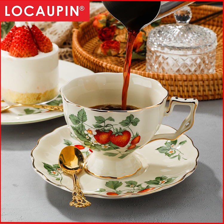 Locaupin Ceramic Tea Pot, Coffee Pot, European Ceramic Vintage Teapot with Gold Edge Strawberry Cute Design,Good Gift