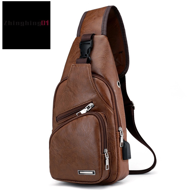 Mini USB Interface Plenty of Space Mens Casual Bag Fashion Outdoor Sling Bag Travel Day Pack PU Leather Chest Bag Crossbody Bag Single Shoulder Bag Light Brown