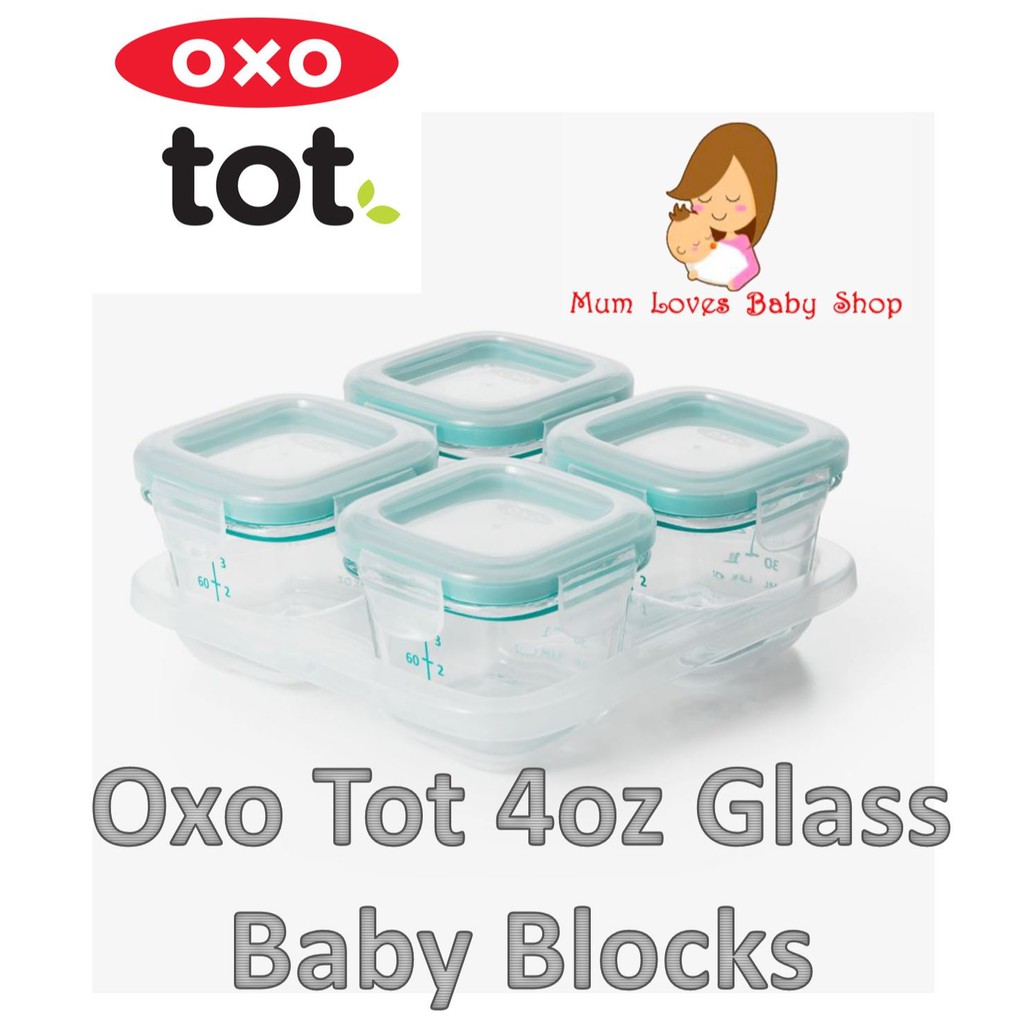 OXO Tot - Glass Baby Blocks Freezer Storage Containers 4oz/ 120ml (4pcs/set)-Teal Colour (without sleeve)