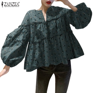 Image of ZANZEA Women Casual Puff Sleeved V Neck Floral Printed Ruffled Hem Vintage Blouse 