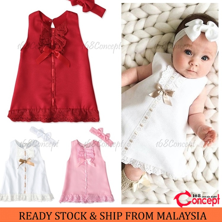 Newborn Baby Girl Dress Baby Birthday Dress Sweet Bow Lace Hem Sleeveless Princess Dress Baju Baby Girl Bodysuit