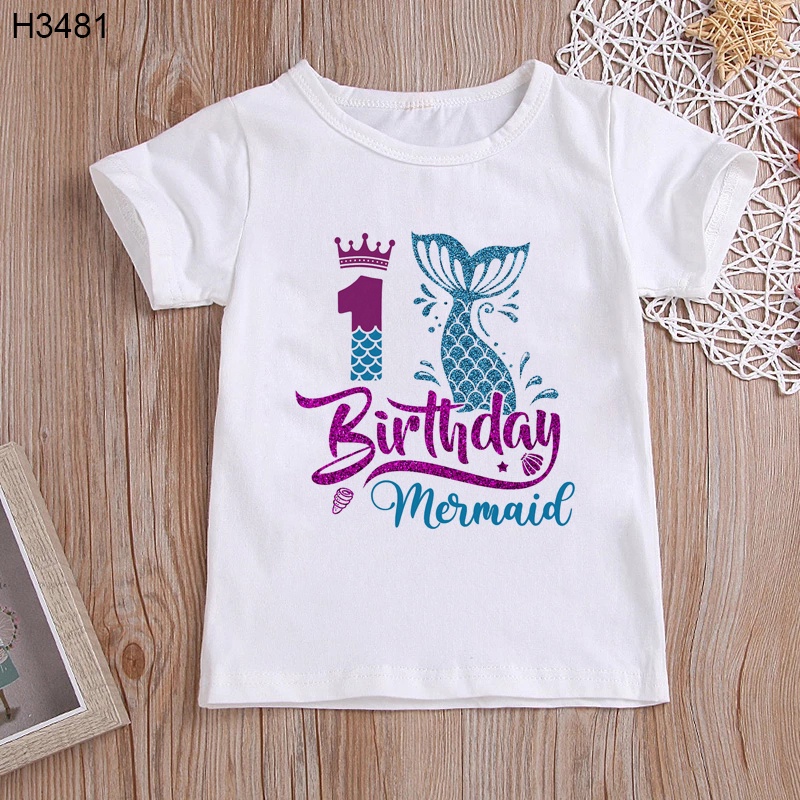 2022 Girls Fashion Party Wear Mermaid 1/2/3/4/5 Birthday Number Children Cartoon T Shirt Children Happy Birthday Mermaid Present T-shirt Girl Funny Gift Short Tees Round Neck