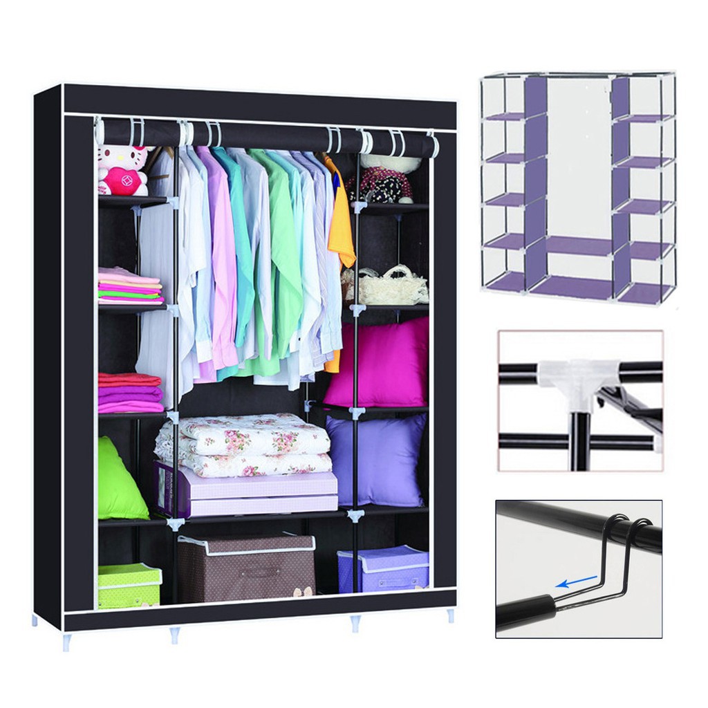 The New 3 Drawers Large Portable Clothes Closet Canvas Wardrobe Organizer Shopee Malaysia