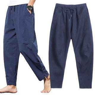 Men's Casual Slack Pants Seluar Lelaki Cotton Linen Solid Long Pants ...