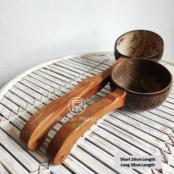 Coconut Shell Water Ladle Wood Nibong Wood Handle Soup Bowl Cocktail Mug Handcrafted from Rattan Maker