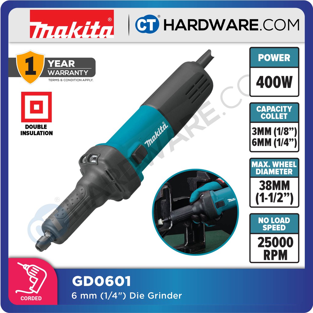 MAKITA GD0601 CORDED DIE GRINDER 6MM (1/4") SIDE SWITCH 400W 25,000RPM