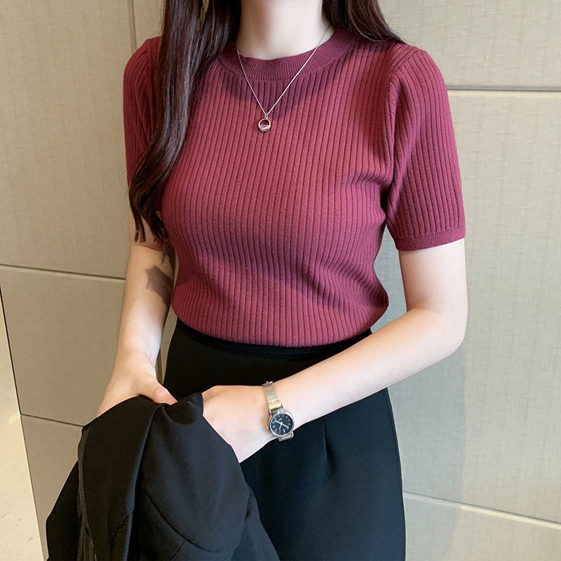 Knitted Tops Women Summer Korean Style Round Neck Short Sleeve Blouse Tops