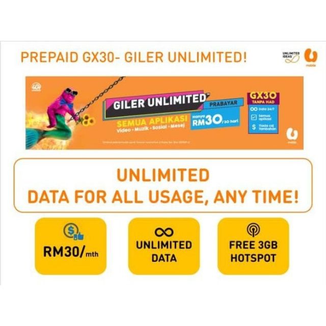 Sim Umobile Prepaid Unlimited Data Gx30 Plan Termurah Shopee