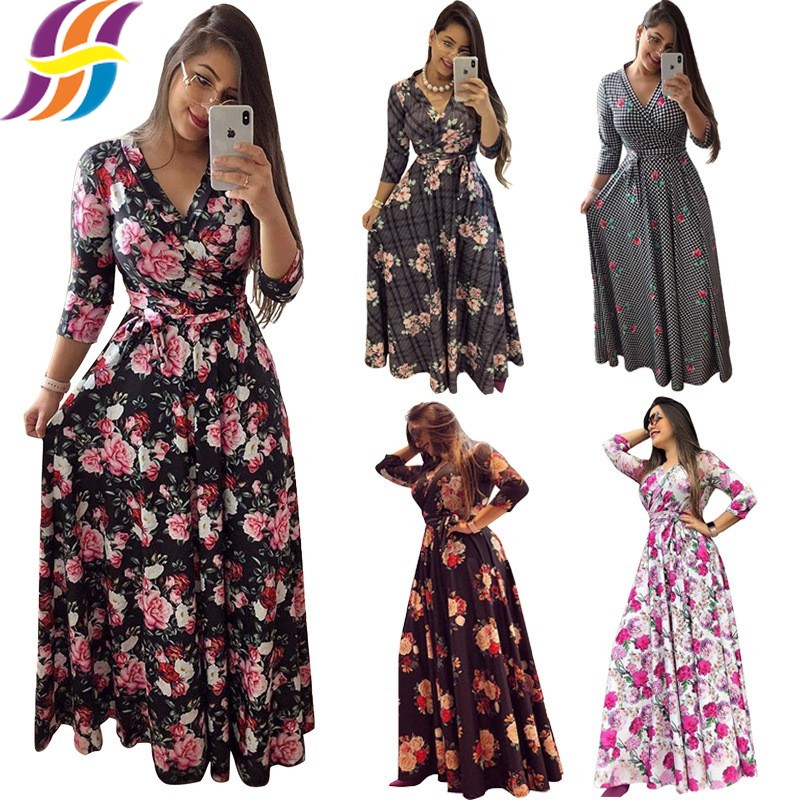 Ladies Summer Casual Floral Printed Long Dress ❤Womens Short Sleeve Maxi Dresses 