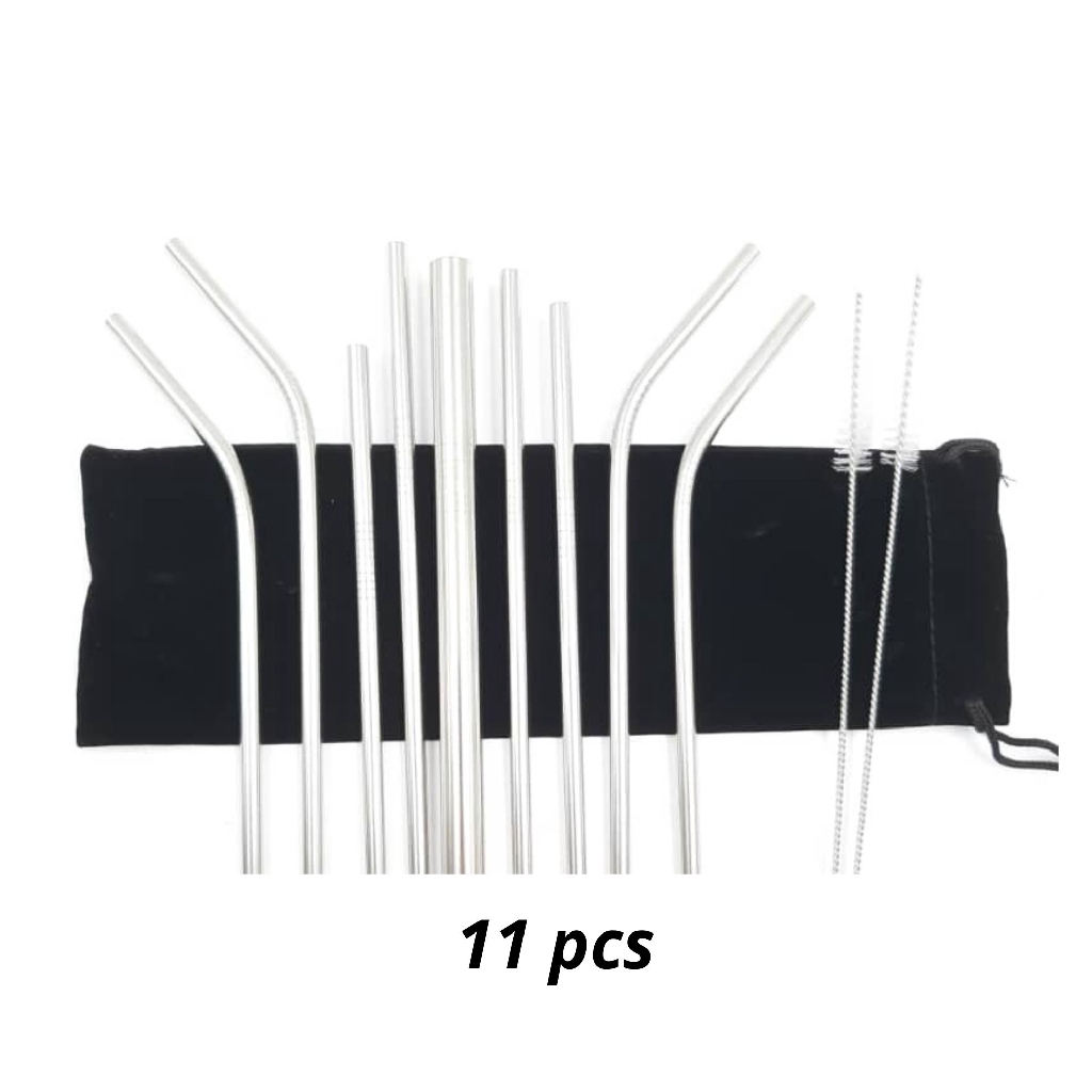 11 / 8 / 7 Pcs 304 Stainless Steel Drinking Reusable & Washable Straw Set ( RANDOM COLOUR )