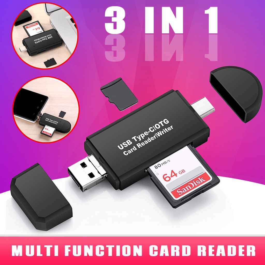 3 in 1 Multifunction Card Reader 480Mbps High Speed TypeC USB 2.0
