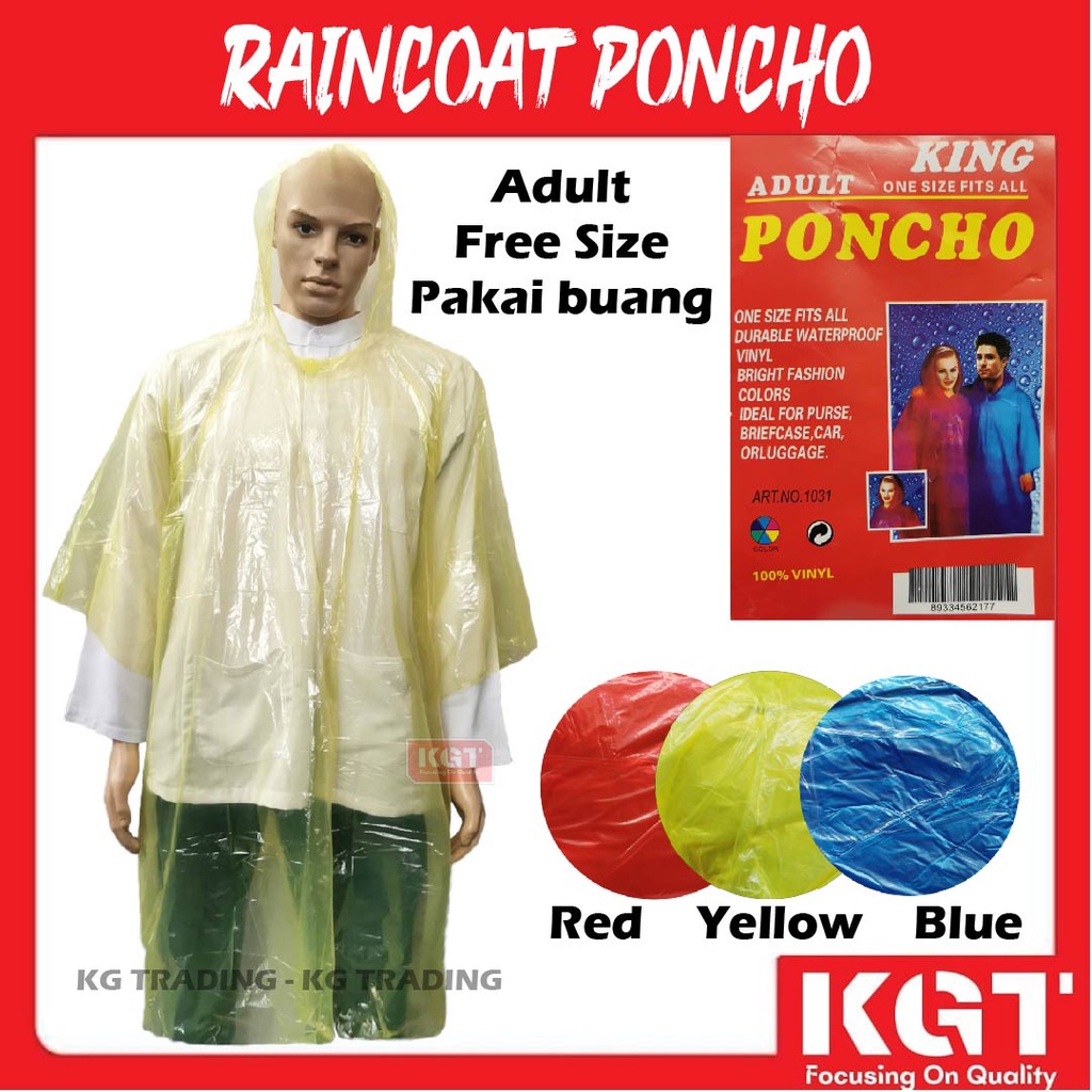 Poncho Adult Raincoat Disposable Poncho Baju Hujan Pakai Buang Dewasa One Size Fits All 100% Vinyl